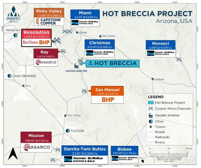 Prismo Metals Hot Breccia project in Arizona lies among a host of giant copper deposits and mines