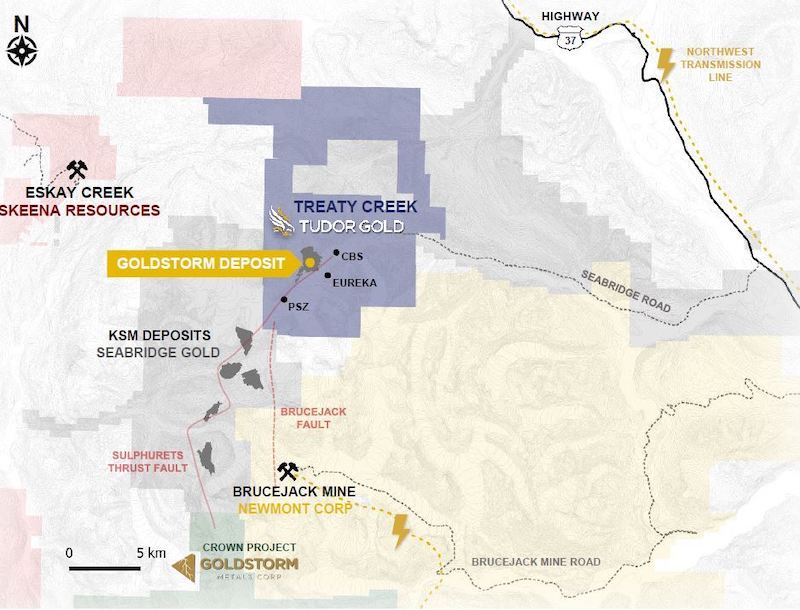 Map of Tudor Gold’s Treaty Creek project showing nearby, major gold deposits