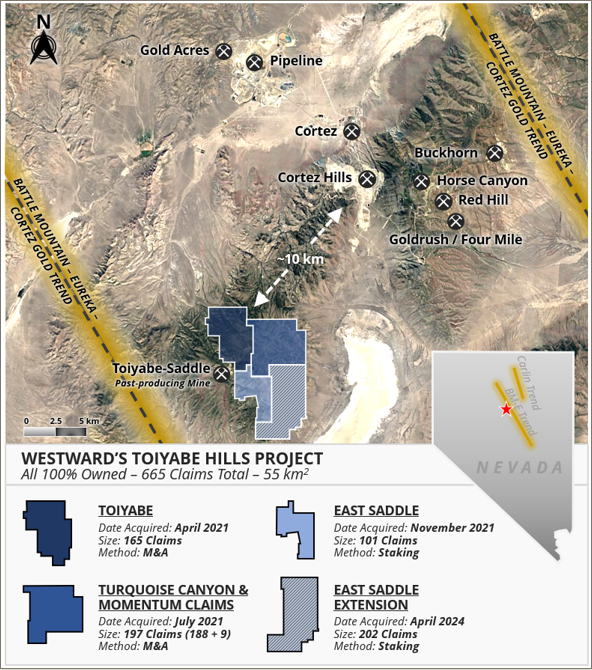 Map of Westward Gold’s Toiyabe Hills project along the Cortez Trend