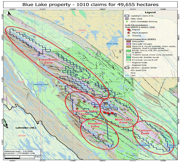 Map of five key targets at Blue Lake