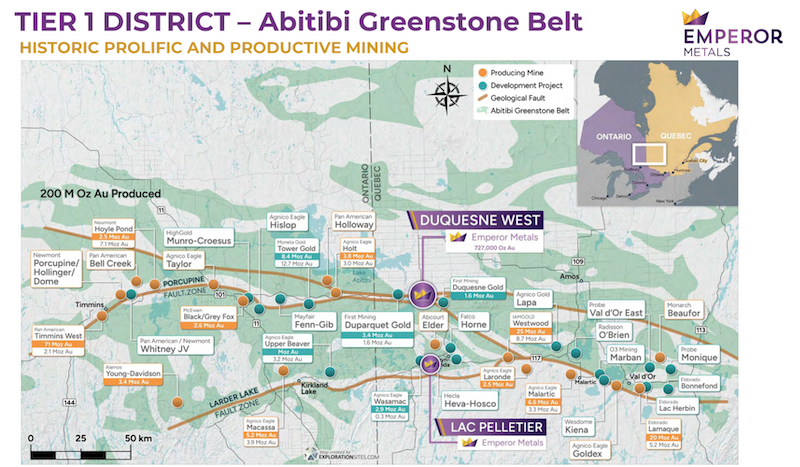 Map of the Abitibi Greenstone Belt that transects Ontario and Quebec