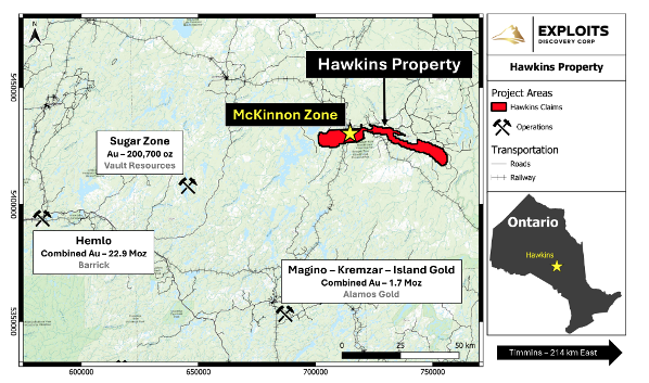 Map of Hawkins gold project in northern Ontario.
