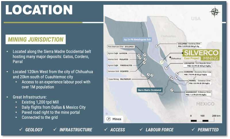 Map showing Silverco’s Cusi mine in the midst of a trend of major deposits within the Sierra Madre Occidental belt.