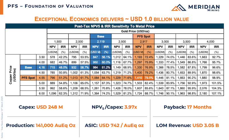 Sensitivity chart comparing economics at various copper and gold prices.