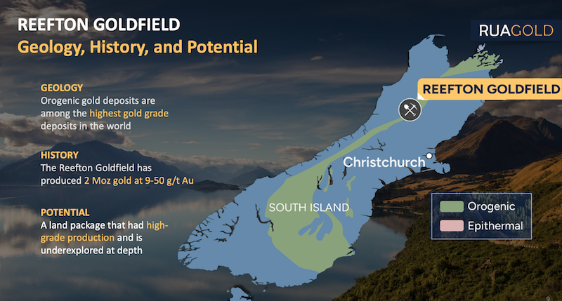 Map of New Zealand’s South Island that shows the location of Rua Gold’s Reefton Goldfield holdings.