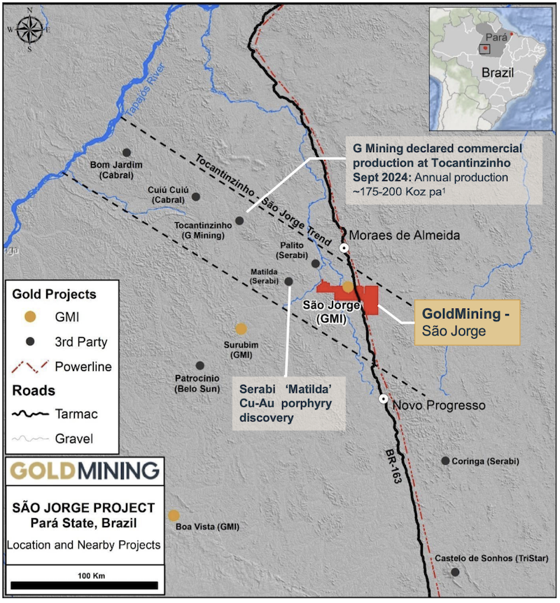 Map showing GoldMining’s São Jorge project and its relation to other projects and roads in the area.