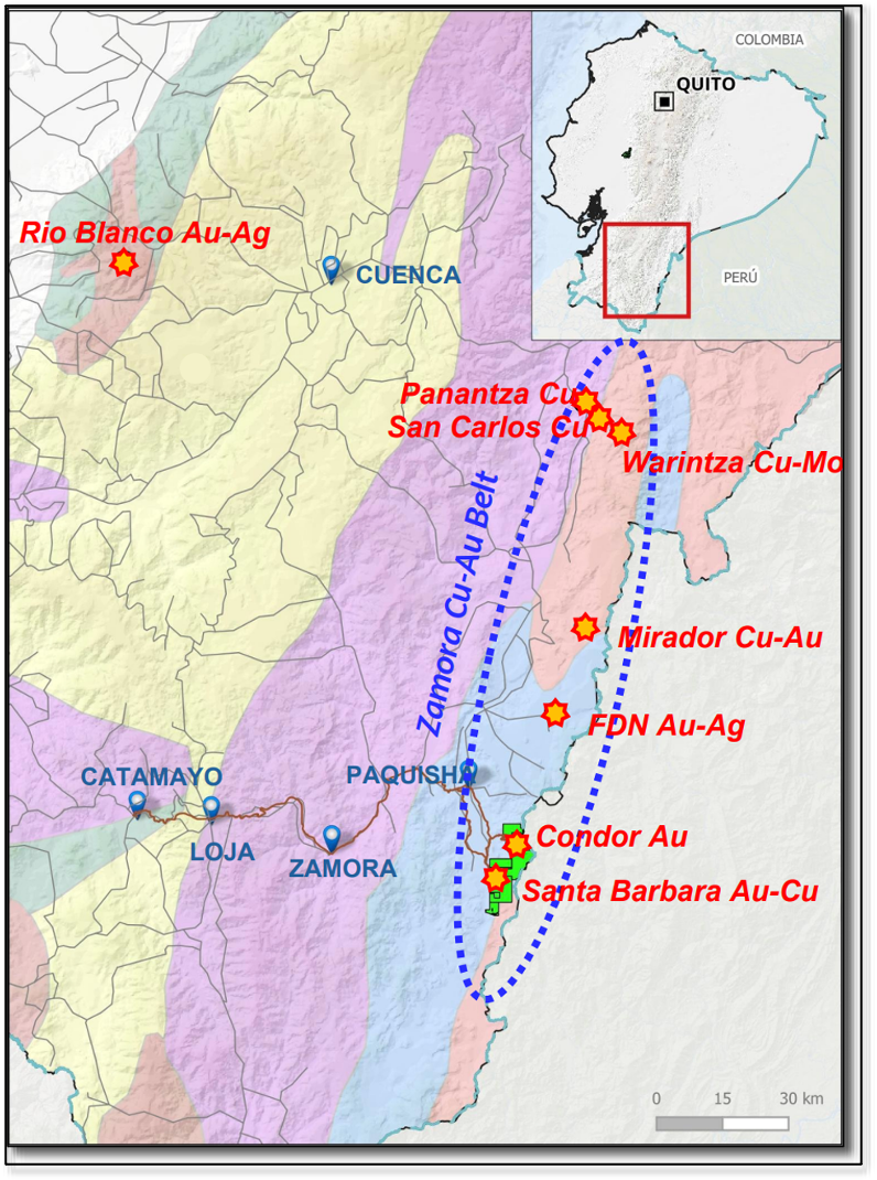 Map showing string of world-class deposits in the Zamora Belt.