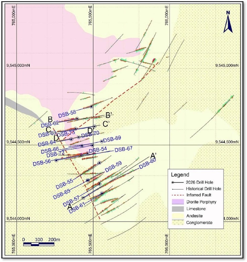 Plan view of Phase 1 drill holes at Santa Barbara South, showing collar locations of all completed holes across the known mineralized porphyry system (Figure 1, July 28 news release)