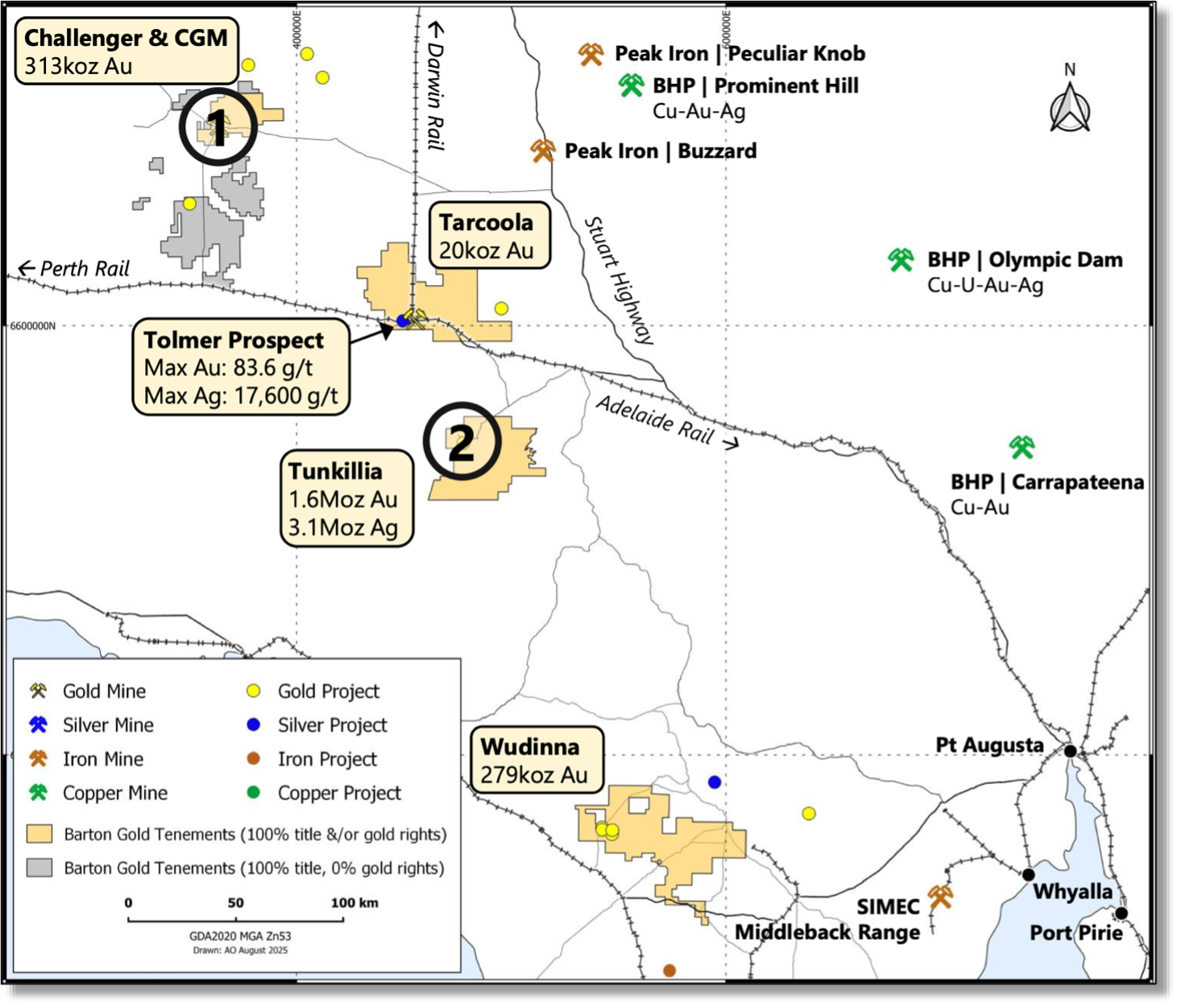 Barton Gold regional map of the central Gawler Craton showing Hub 1 (Challenger and the Central Gawler Mill), Hub 2 (Tunkillia), Tarcoola/Tolmer and Wudinna, with Olympic Dam, Prominent Hill, Carrapateena, rail lines and ports in the region.