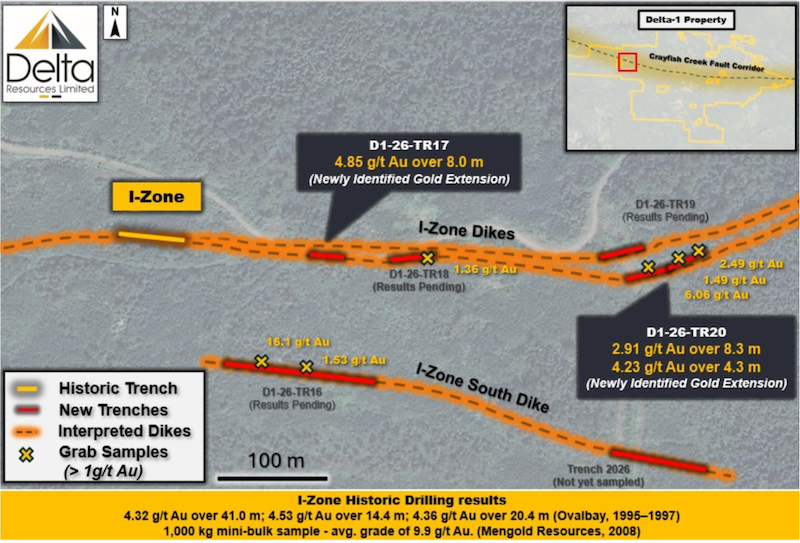 Alt Text: Map of I-Zone sector exploration results showing 2026 channel and outcrop sample locations.