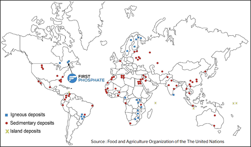 Map showing main deposits and types of phosphate globally.