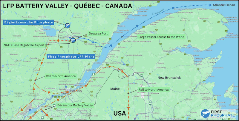 Map showing the Bégin-Lamarche property location relative to its supply chain and end users.