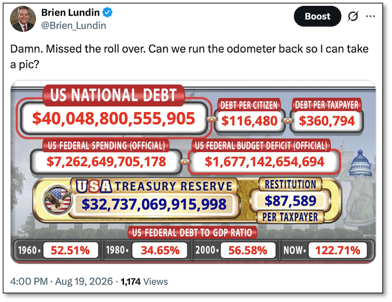 Brien Lundin - tweet re: national debt with joke about running the odometer back