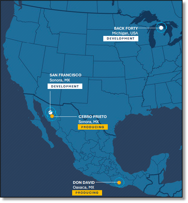 Map of Goldgroup’s four project locations across Oaxaca, Sonora and Michigan.