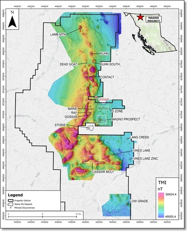 Map of the Magno Project showing the interpreted north-south structural corridor connecting Kuhn, Dead Goat, Magno Zone, D Zone, Cassiar Moly and Lamb Mountain across the 37,204-hectare land package.