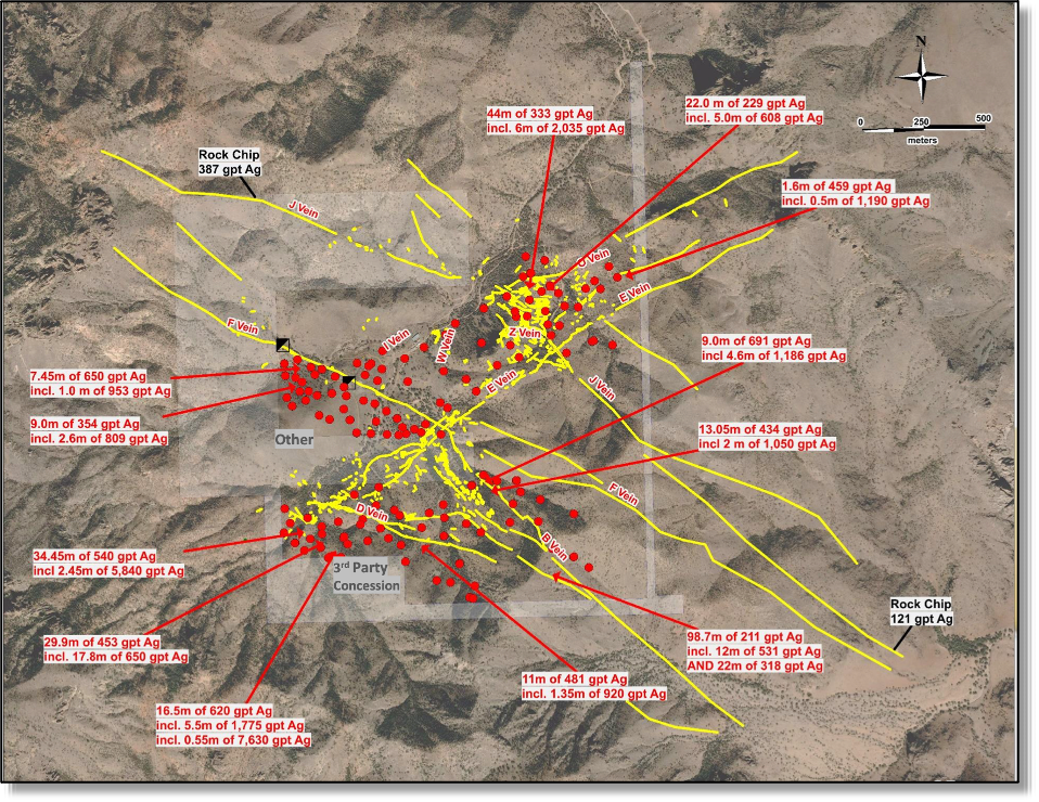 Map of Kotenay’s Columba project and its veins and drill holes to date.