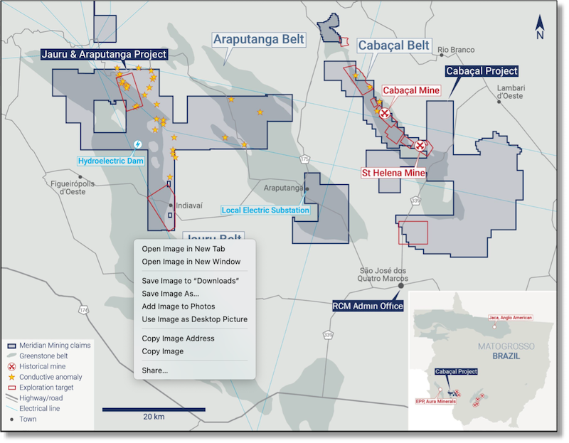 Map of Meridian’s land package across the Cabaçal, Jauru and Araputanga greenstone belts with prospects