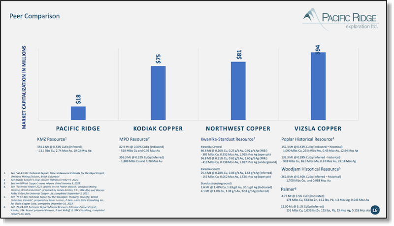 [Alt Text: Bar chart comparing Pacific Ridge’s market capitalization against peer companies Kodiak Copper, Northwest Copper and Vizsla Copper.]