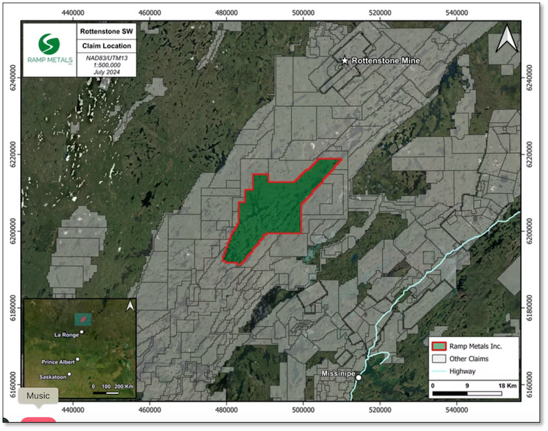 Map showing Ramp’s land position on trend with the high-grade Rottenstone mine.