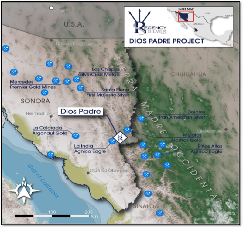 Regional map of eastern Sonora showing the Laramide porphyry trend and nearby major producing mines relative to the Dios Padre project.