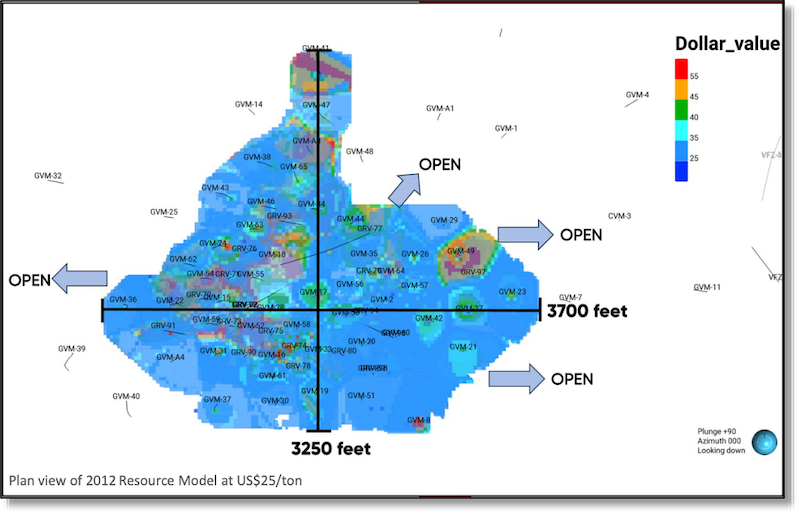 Plan view from the 2012 Victorio resource model showing mineralization and open areas for further exploration.