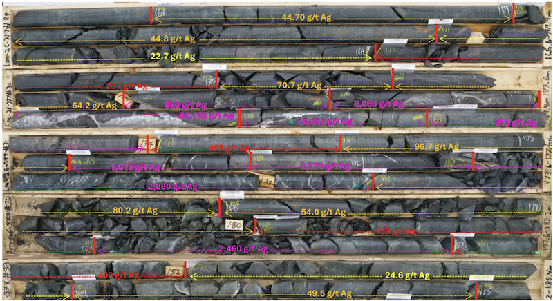 NQ core photograph of Hole LM-26-377 from 165.60m to 182.20m.