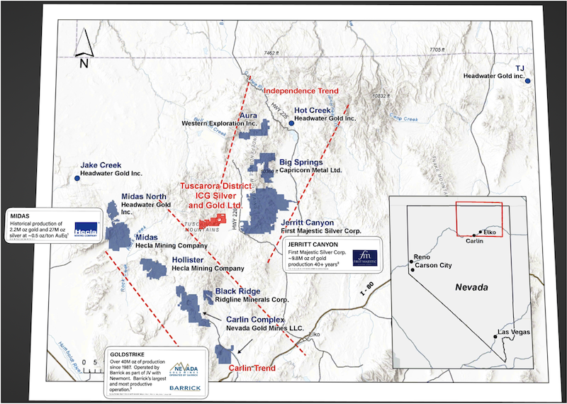 Regional map showing the Tuscarora District positioned near Midas, Jerritt Canyon, and the Goldstrike Mine along the Carlin Trend.