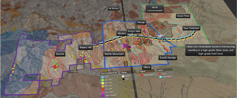 District-scale target map of the Tuscarora property, with a dashed mineralizing boundary running east-west through the center, separating an interpreted high-grade silver zone to the north, with the Modoc, King's Vein and Navajo targets sitting directly on that dividing trend.