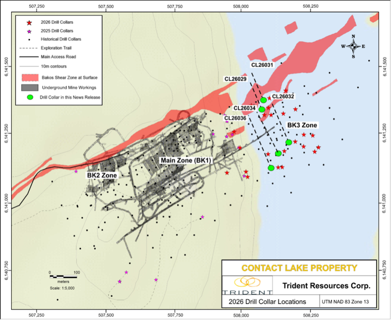 Map of the Contact Lake property and Trident’s 2026 drill program targeting the BK-3 zone.
