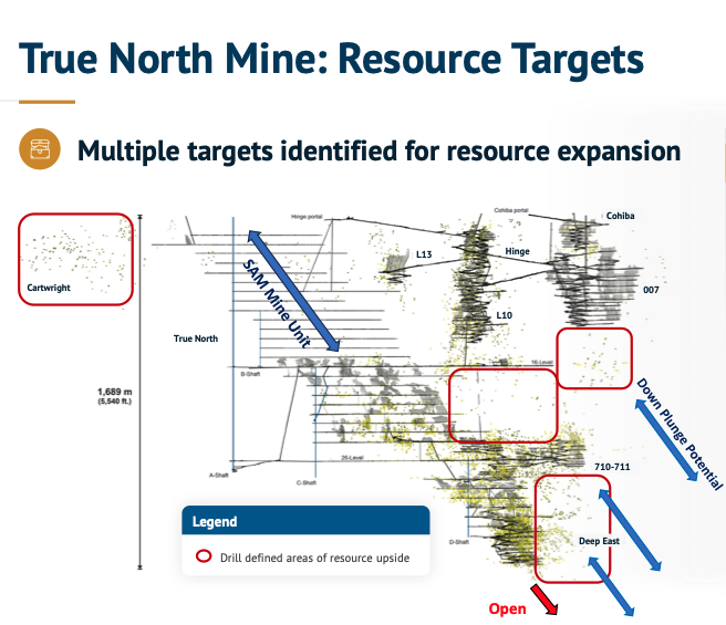 Map of drill targets on True North’s underground resource.