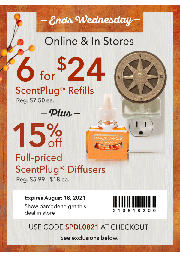 6 for $24 ScentPlug® Refills PLUS 15% Off Full-Priced ScentPlug® Diffusers