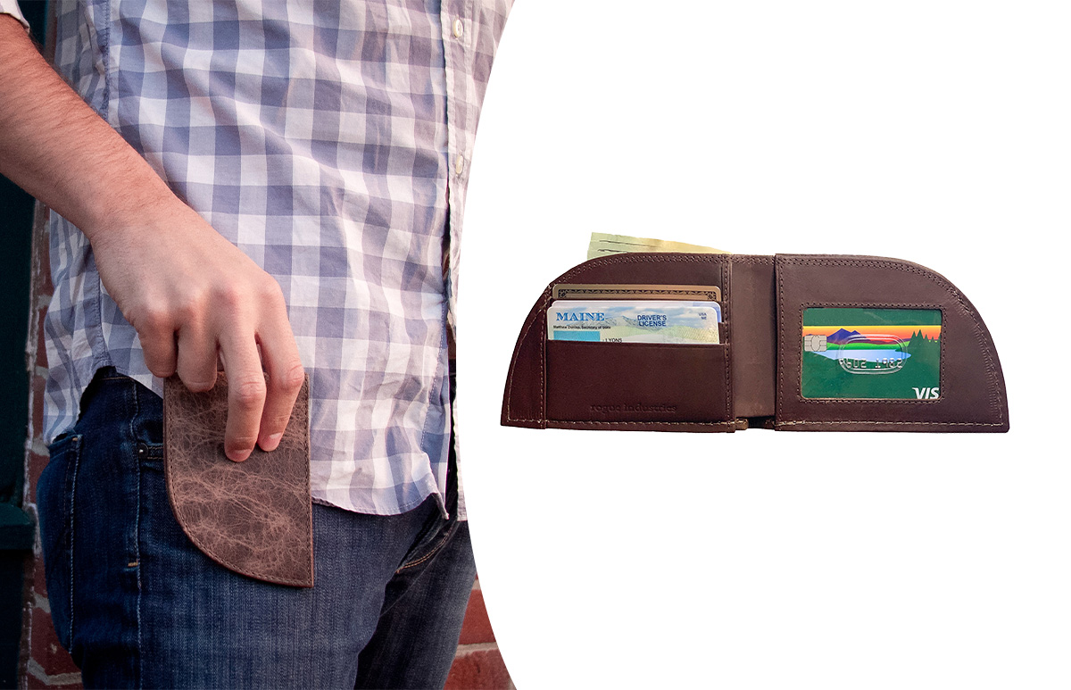 Rogue Front Pocket Wallet: A slim & curved Maine-made wallet designed for your FRONT pocket to eliminate discomfort caused by traditional wallets