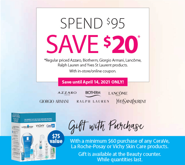 Lancome/ Biotherm spend $95 Save $20 