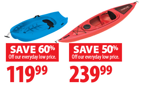 Kids Kayak $119.99 (Save 60%). Adult Kayak $239.99 (Save 50%).