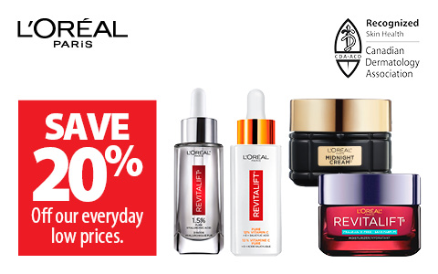 Save 20% off our everyday low prices on L'Oreal Paris Skin Care