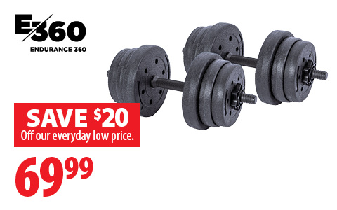 Save $20 on the E360 Adjustable Dumbbell Set. $69.99