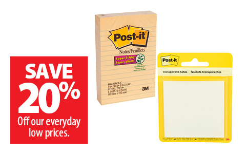 Save 20% off our everyday low prices on Post-It-Notes