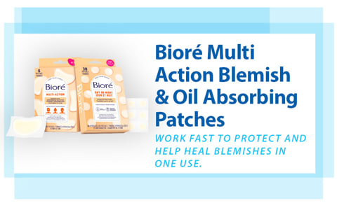 Biore multi action blemish & oil patches. Worls fast to protect and help heal blemishes in one use.