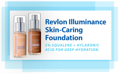 Revlon illuminance skin-caring foundation, 5% squalene + hylaronic acid for deep hydration.