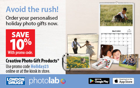 Avoid the rush! Order your personalised holiday photo gifts now. Save 10% with promo code on Creative Photo Gift products*. Use promo code Holiday23 online or at the kiosk in store.