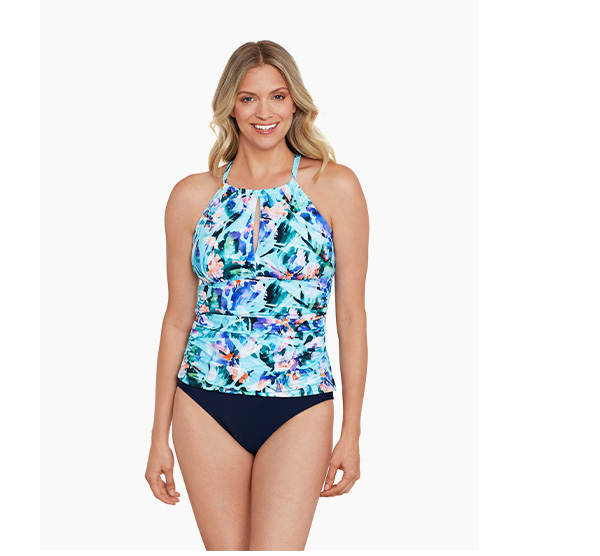 High Neck Keyhole Tankini Top Graphic Garden