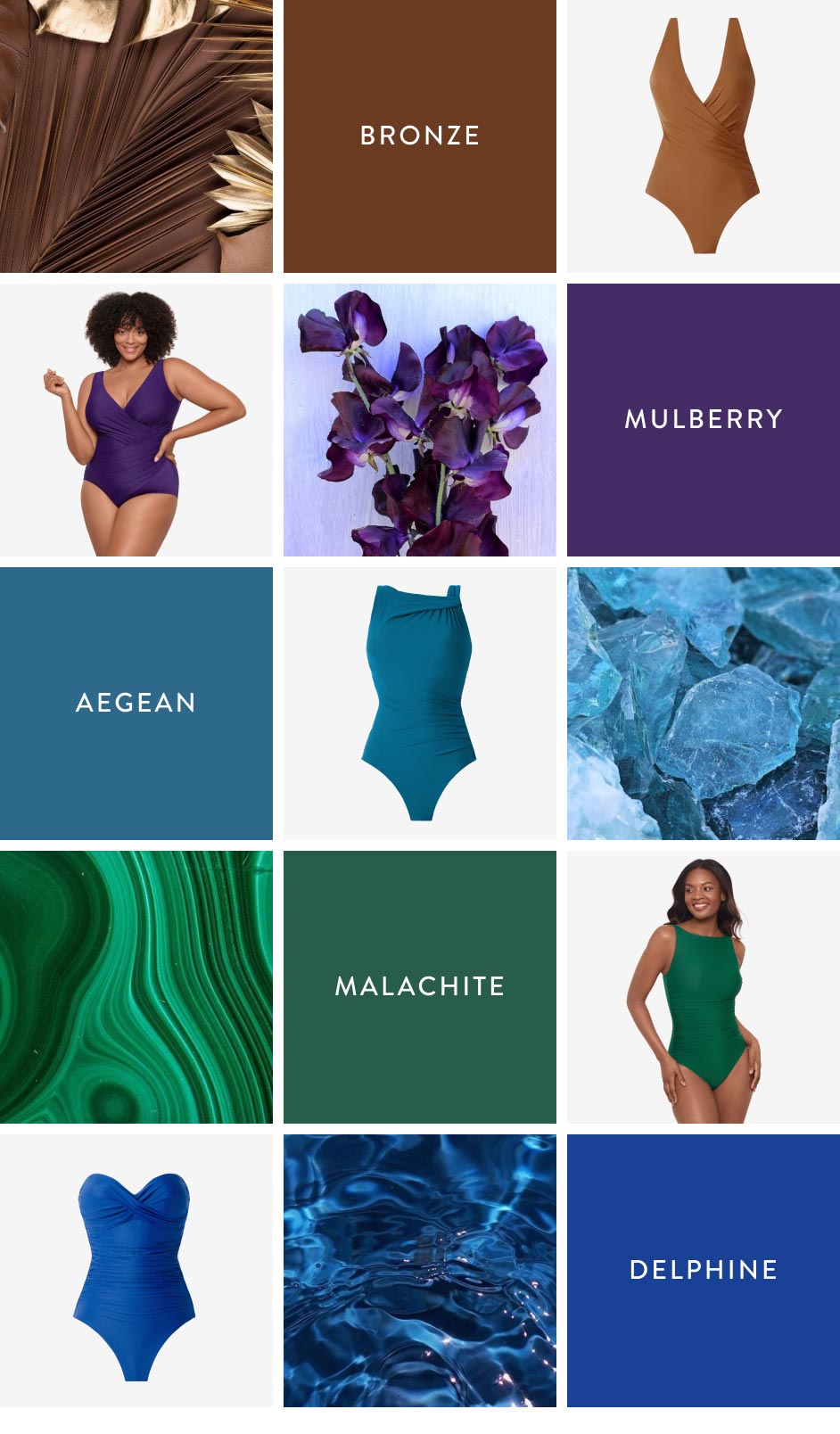 Bronze, Mulberry, Aegean, Malachite, Delphine