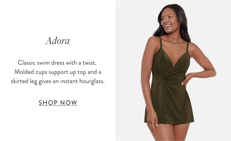 Adora Classic swim dress with a twist. Molded cups support up top and a skirted leg gives an instant hourglass. Shop Now