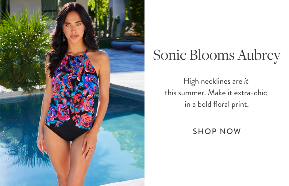 Sonic Blooms Aubrey Apron necklines are it this summer. Make it extra-chic in a bold floral print.