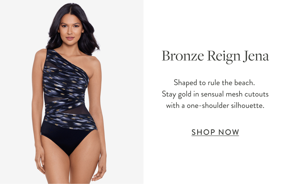 Bronze Reign Jena Shaped to rule the beach. Stay gold in sensual mesh cutouts with a one-shoulder silhouette.