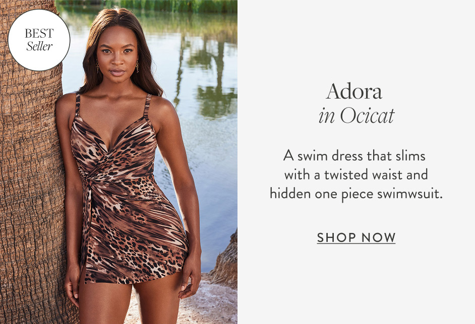 BEST Seller Adora in Ocicat A swim dress that slims with a twisted waist and hidden one piece swimwsuit. Shop Now