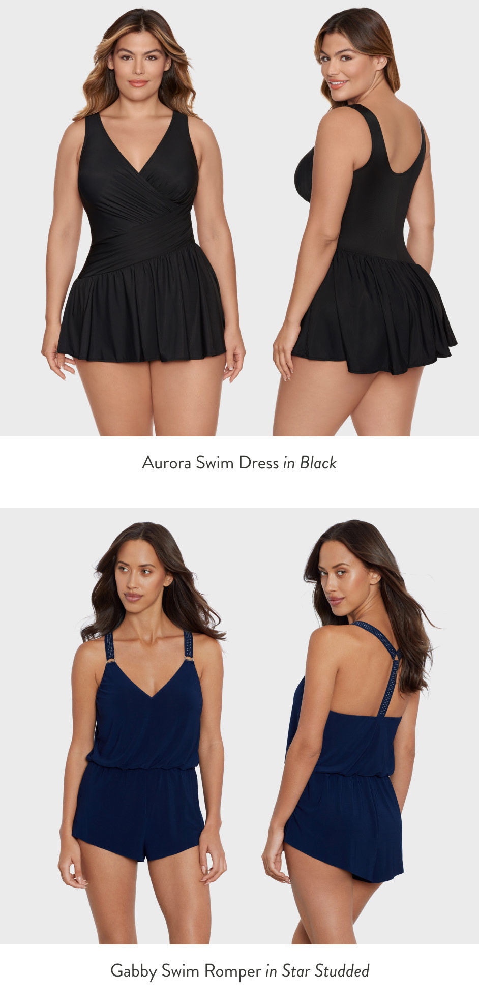 Aurora Swim Dress in Black Gabby Swim Romper in Star Studded