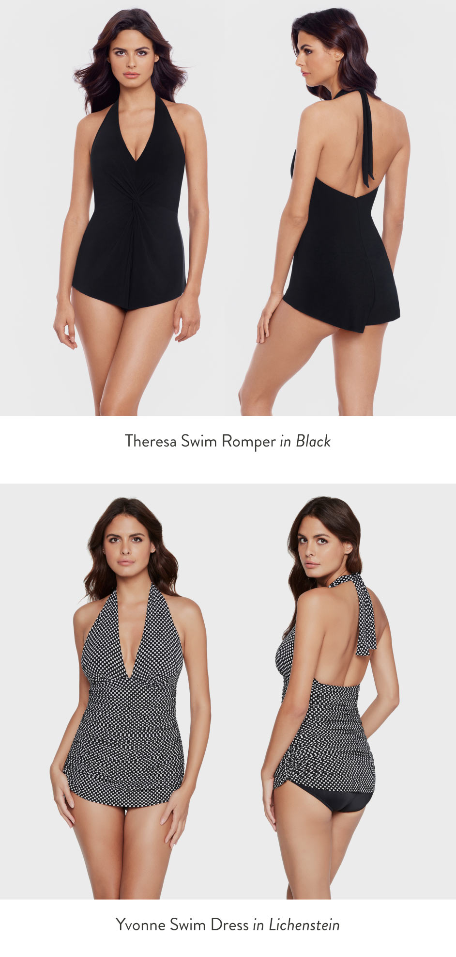 Theresa Swim Romper in Black Yvonne Swim Dress in Lichenstein