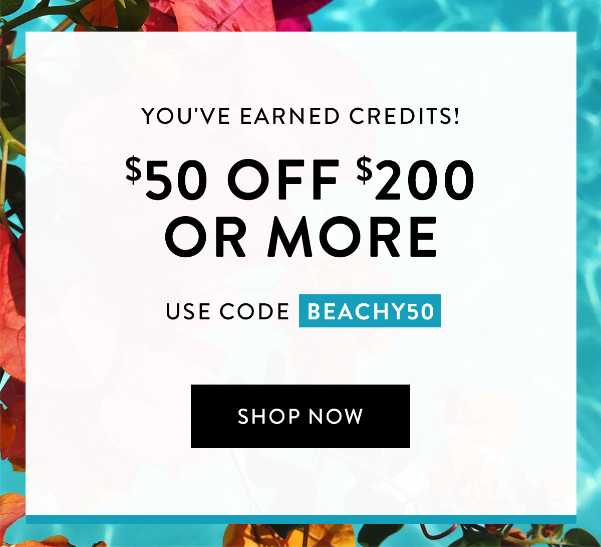 YOU'VE EARNED CREDITS! $50 OFF $200 OR MORE USE CODE BEACHY50