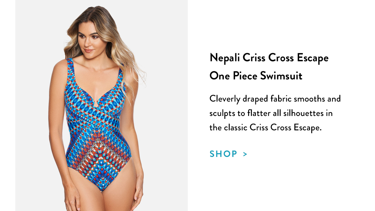 Nepali Criss Cross Escape One Piece Swimsuit Cleverly draped fabric smooths and sculpts to flatter all silhouettes in the classic Criss Cross Escape. Shop >